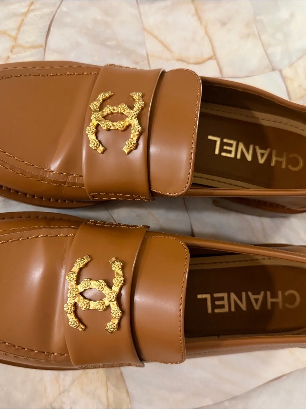 CHANEL Tan Leather Men's Loafers with Gold CC Motif